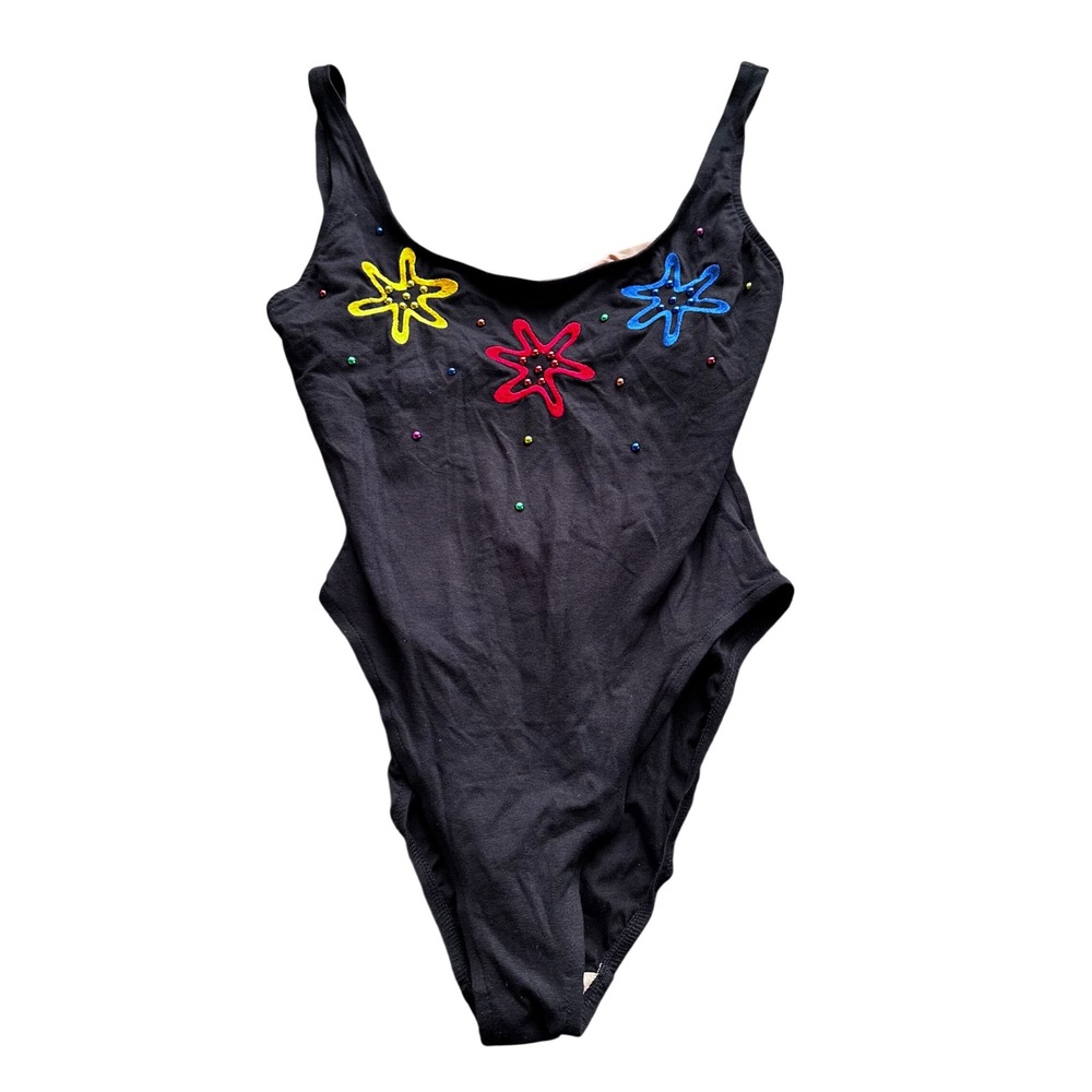 Vintage Black Embroidered Starburst Beaded One Piece Swimsuit High Cut Bodysuit